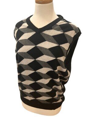Austin Reed Silk Cashmere Argyle Sweater Vest Black Gray Cream Men's M